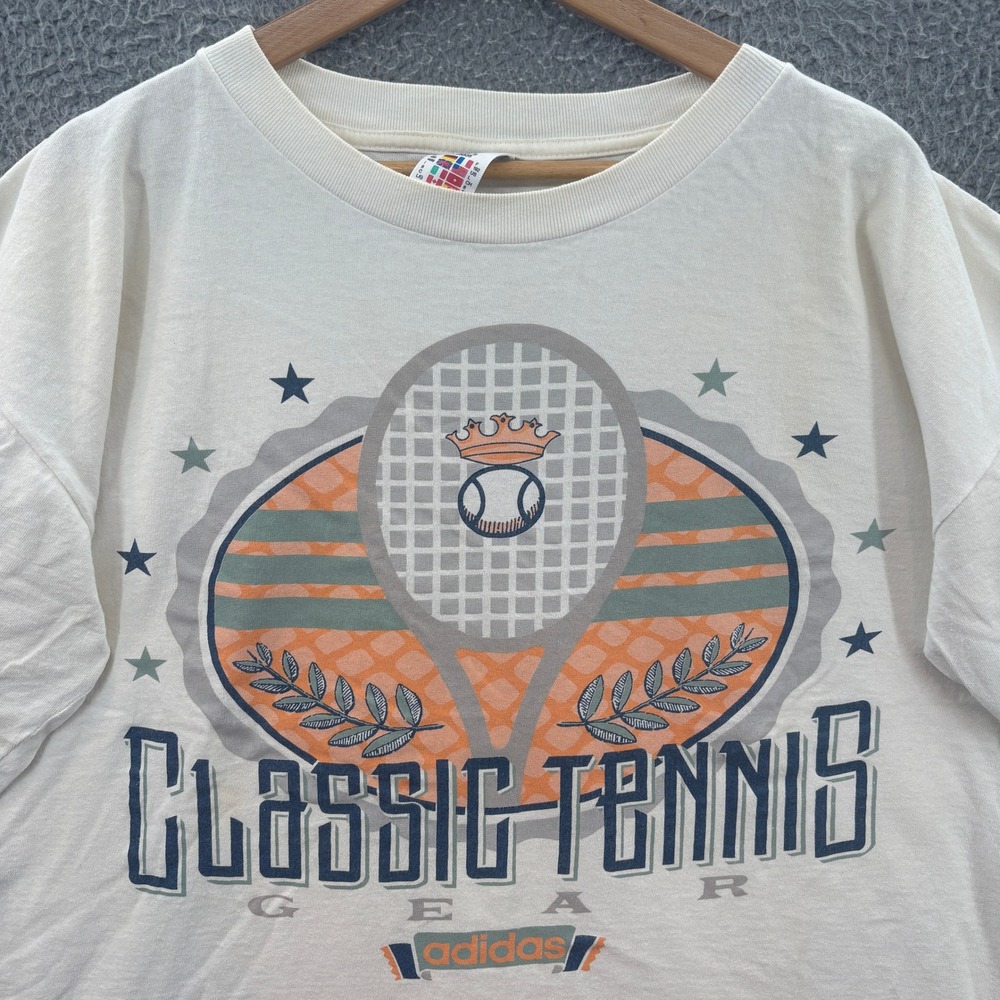 Adidas T-Shirt Mens Large Off-White Classic Tennis Gear Graphic Vintage USA Made